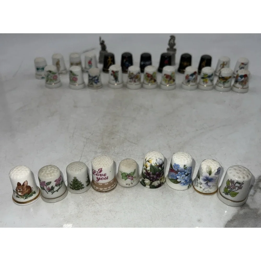 Vtg Thimbles Ceramic Metal, Cloisonné, Olympics, Birds, Advertising Lot of 44